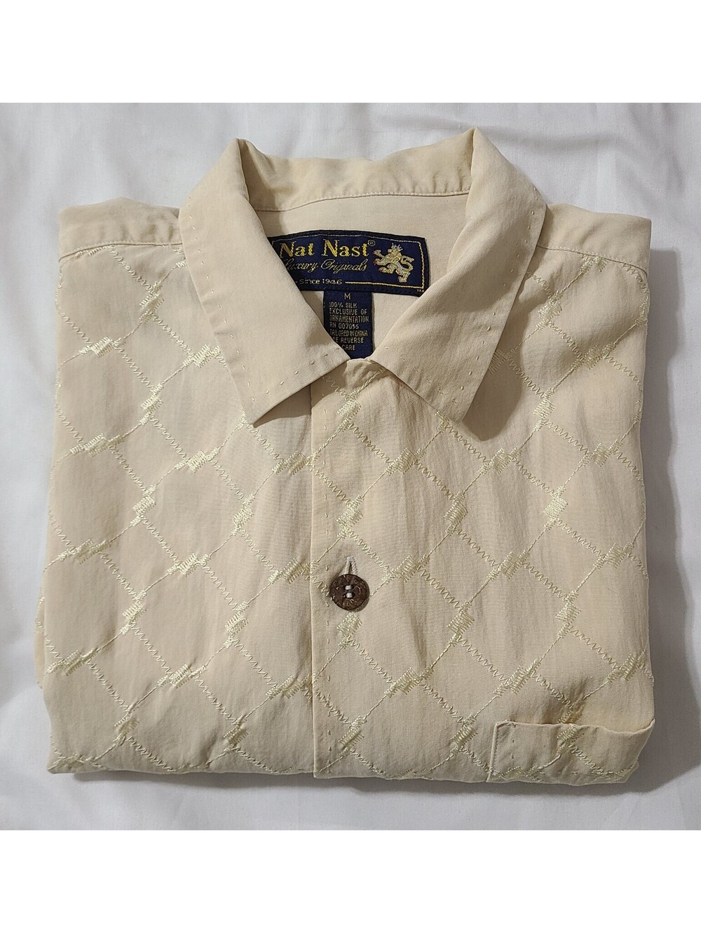 Nat Nast Luxury Originals 100% Silk Camp Shirt Mens Sz Medium White Wheat Resort